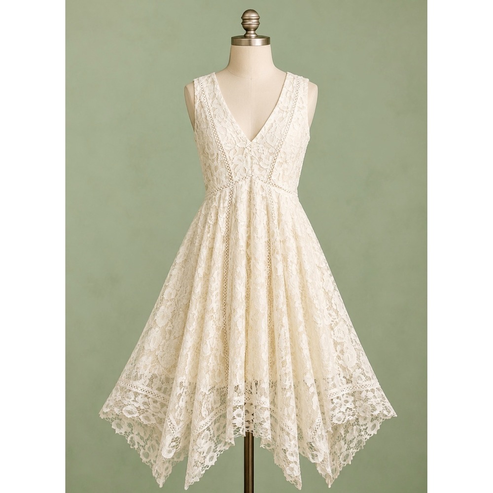 Taylor Cream Size 2 Floral Lace Handkerchief Hem V-Neck Sleeveless Dress